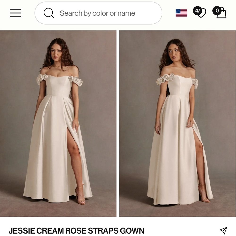 Azazie Cream Off-Shoulder Gown with Rose Details